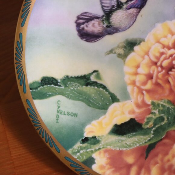 Cyndi Nelson hummingbird decorative plate "Costa's Hummingbird and Hollyhocks" - Picture 2 of 5